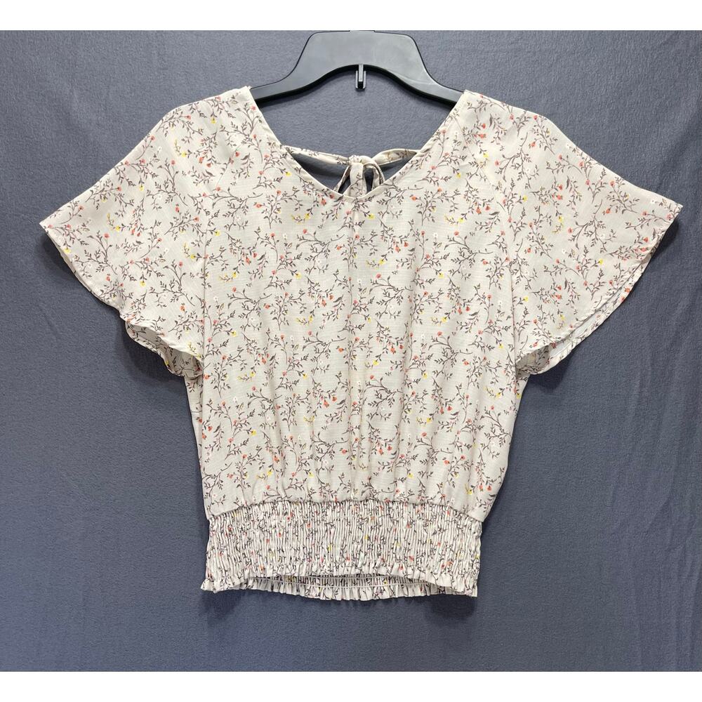 Paper Crane cream floral cropped blouse with cap sleeves boho cottage twee